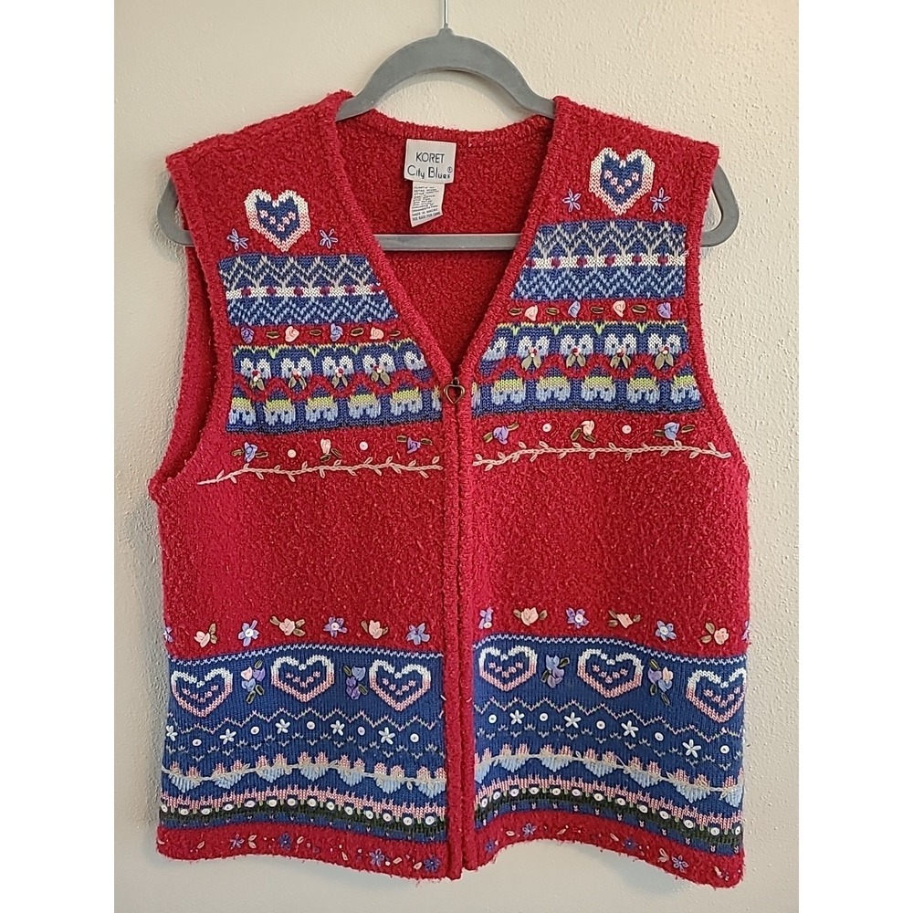 Koret City Blues Crochet Button Zip Vest Womens L‎ Red Floral Blue